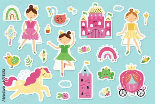 Collection of stickers with princesses, castle, tower, pegasus, carriage and rainbows. Hand drawn children's illustration.