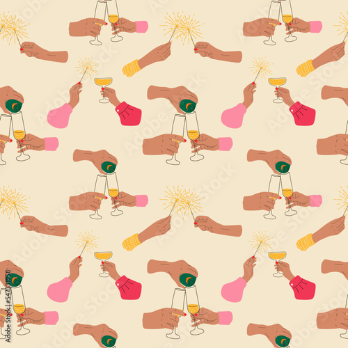 Seamless pattern with Hands hold champagne and sparklers. Celebration of the new year.