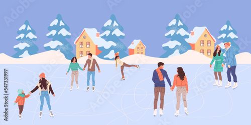 Crowd of active cartoon people ice skating on rink vector flat illustration. Man, woman, children, family and couple outdoors activity isolated. Colorful person in seasonal outerwear 