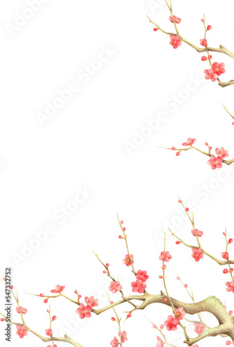 紅梅の花の背景 縦 手描き色鉛筆画