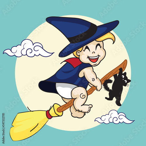 a baby witch flying on her broomstick with her black cat dangling from it