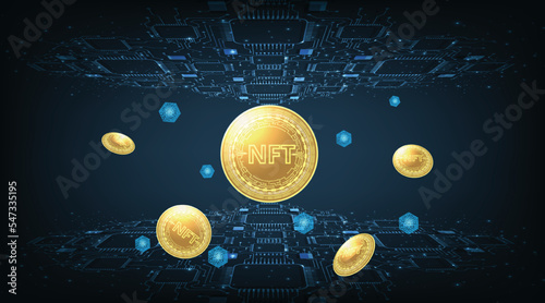 Rendering illustration of NFT non fungible token coin concept.NFT coin design in circuit board style for pay unique collectibles in games.Crypto currency concept. blockchain technology.