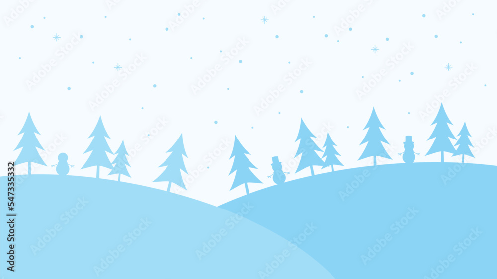 subtle blue winter hill background stock vector with pine tree and snowman silhouette