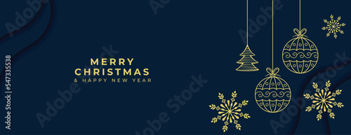 line style merry christmas banner with xmas ornaments