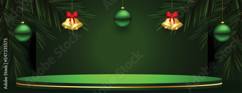 3d podium green banner with xmas bell and ball in hanging style