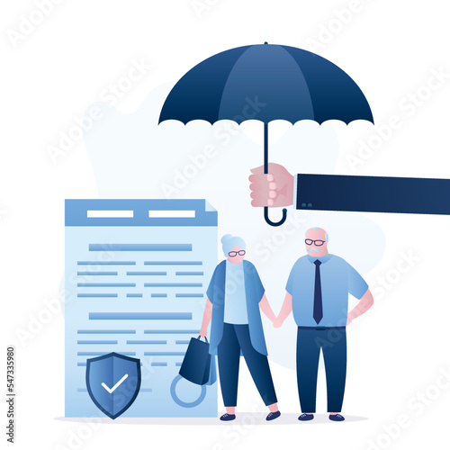 Couple of pensioners stand under protection of large umbrella. Insurance, health and life protection. Full insurance coverage, peaceful old age and necessary medical care and assistance.