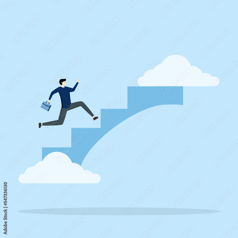 Happy businessman running with suitcase on top of stairs towards sky. positive thinking to seek opportunities, inspiration for success, imagination and creativity to build hope and a bright future. Happy businessman running with suitcase on top of stairs towards sky. positive thinking to seek opportunities, inspiration for success, imagination and creativity to build hope and a bright future.