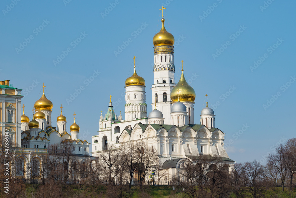 View of the temples of the Moscow Kremlin on a sunny April day. Moscow, Russia