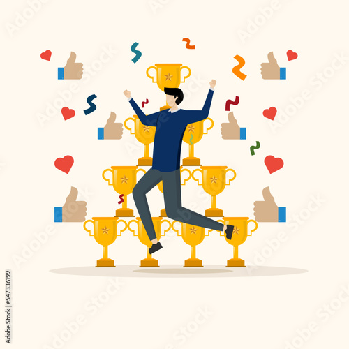 congrats, happy successful businessman with thumbs up, Reward high performance employees, good job or praise successful staff, awards or applause, trophies stacked. © FAHMI