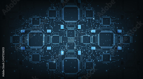 Circuit vector illustration design template.Vector abstract technology Circuit board on dark blue background.High tech circuit board connection system concept.