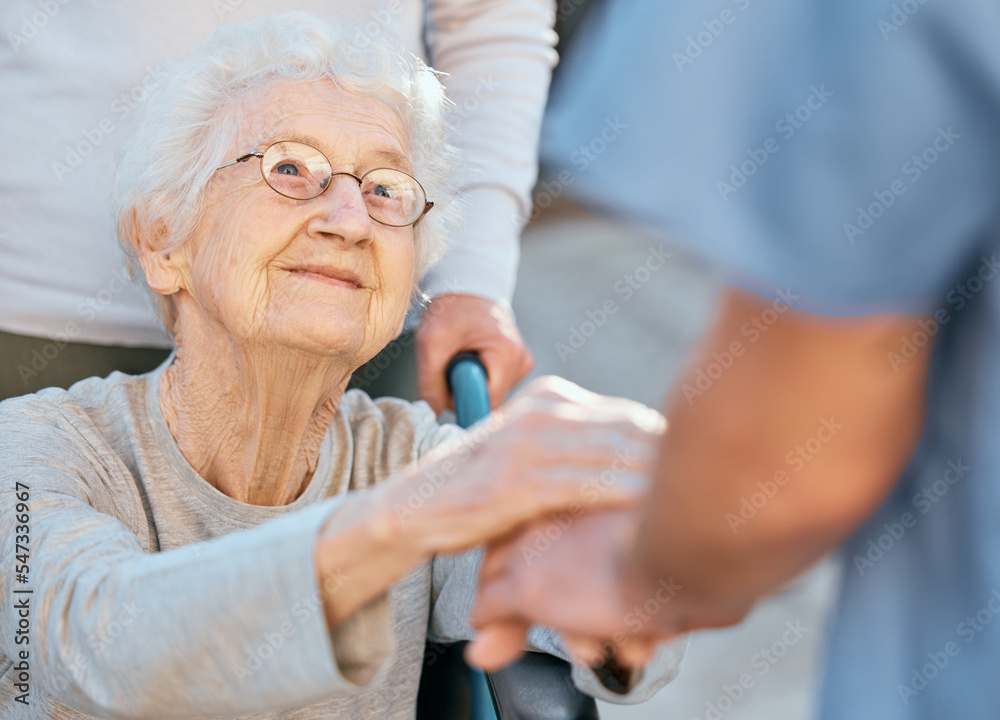 Holding hands, caregiver and senior woman in wheelchair for support outdoor in retirement home. Love, trust and healthcare nurse or medical wellness doctor for disability patient with kindness - obrazy, fototapety, plakaty 