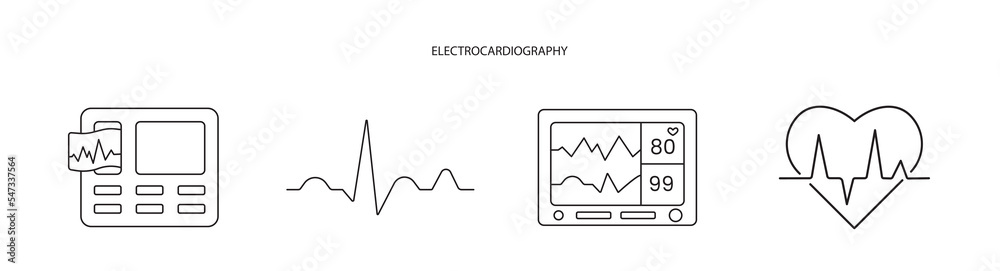 Electrocardiogram line icon set in vector, illustration of medical equipment for examination of the heart.