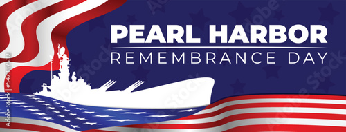 Obraz na płótnie Pearl harbor remembrance day vector illustration with battleship silhouette and usa waving flag