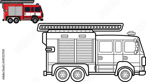 Vector illustration of firetruck and suitable for coloring book or page.