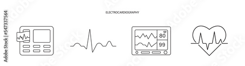 Electrocardiogram line icon set in vector, illustration of medical equipment for examination of the heart.