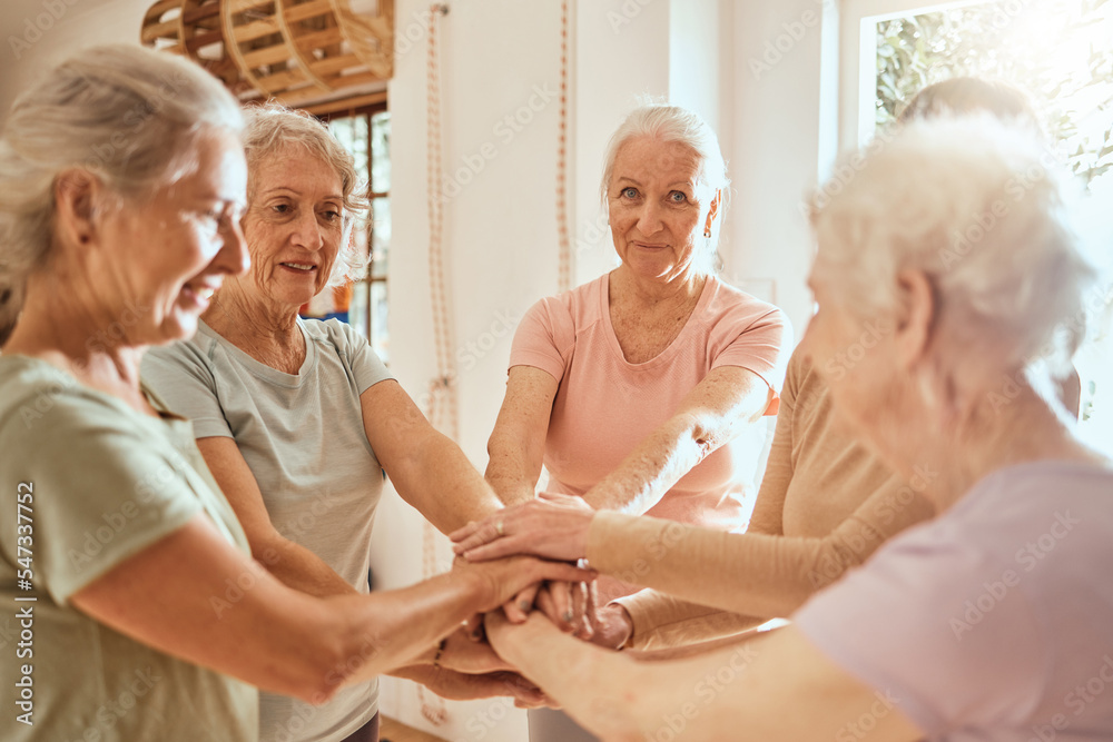 Obraz premium Teamwork, senior and hands of women together in community support, solidarity and collaboration. Team building success, elderly friends and group of people united in celebration for retirement health