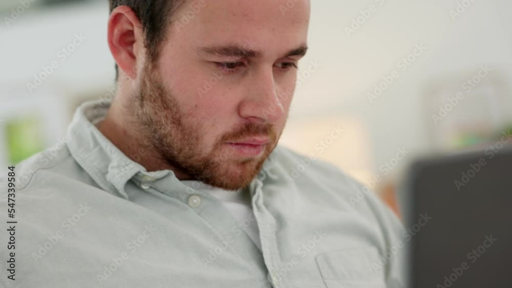 Confused, laptop and freelance with a business man remote working from home as an entrepreneur. Computer, email and startup with a male employee typing a report while at work in his living room Confused, laptop and freelance with a business man remote working from home as an entrepreneur. Computer, email and startup with a male employee typing a report while at work in his living room