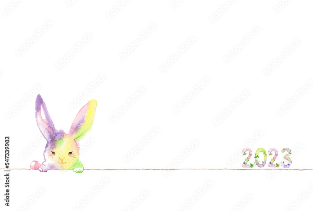 Fototapeta premium 虹色のうさぎ、カード、西暦入り