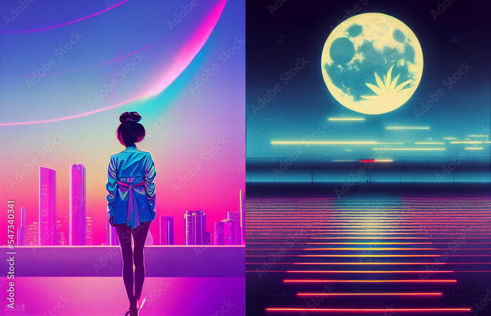 Futuristic cyberpunk retro wave illustration, neon lights, synth wave mood,woman in space, collection Futuristic cyberpunk retro wave illustration, neon lights, synth wave mood,woman in space, collection