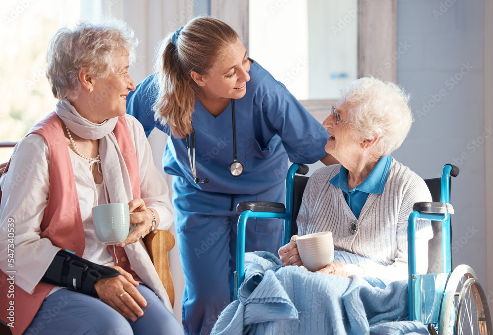 Nursing home, care and nurse with senior women doing healthcare checkup,  examination or consultation. Medical, conversation and elderly woman in  wheelchair consulting a doctor at retirement facility. Stock Photo | Adobe  Stock