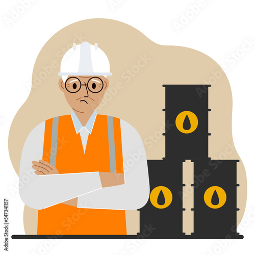 Oil barrels and a sad oilman. Oil industry and worker or engineer in special clothes and helmet.
