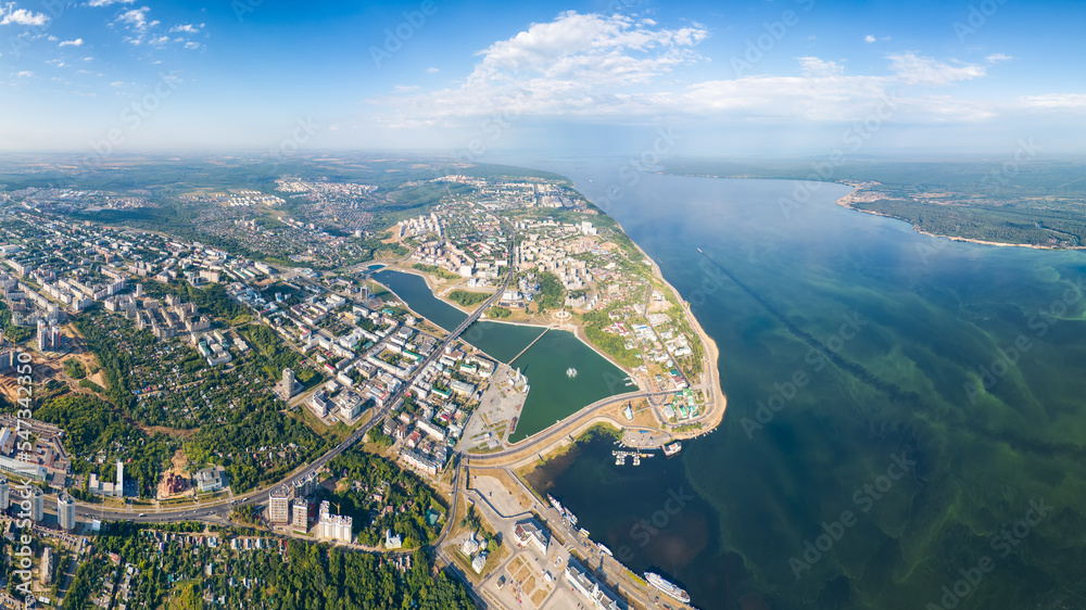 Cheboksary, Russia. Panorama of the city from the air. Cheboksary Bay. Volga River. Sunny day. Aerial view