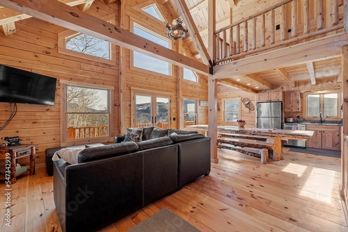 Canvas Print Living room interior of wooden log in mountains