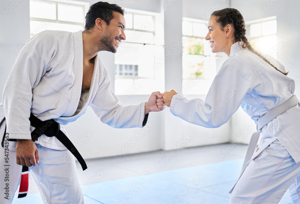 Karate, motivation and fist bump with a man and woman fighter training together in a gym or dojo. Fitness, exercise and fight with a male and female athlete in a health club for combat sports Karate, motivation and fist bump with a man and woman fighter training together in a gym or dojo. Fitness, exercise and fight with a male and female athlete in a health club for combat sports