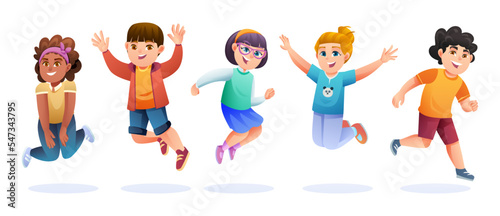 Happy children jumping together cartoon illustration