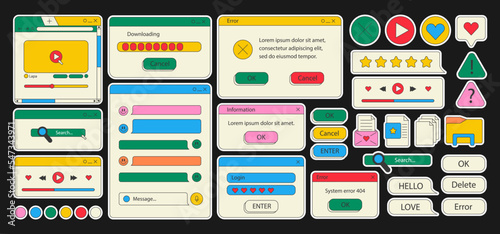 90s retro vaporwave old desktop user interface elements. Cute nostalgic computer ui, vintage aesthetic icons and windows vector set. 90s interface digital, retro window computer illustration. 