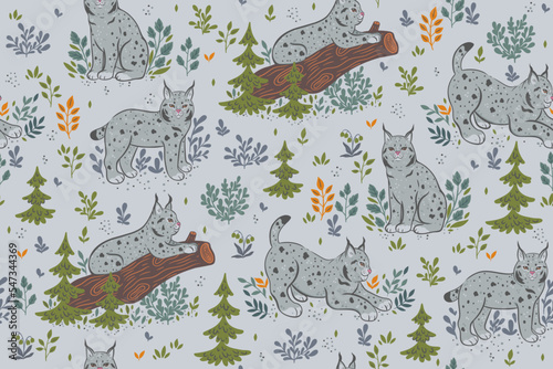 Seamless pattern with cute forest lynxes.Vector graphics.