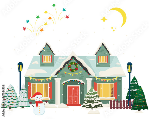 Snowy night in cozy christmas town city panorama. Winter christmas village