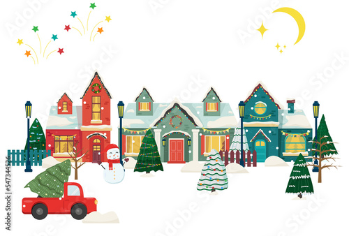 Snowy night in cozy christmas town city panorama. Winter christmas village