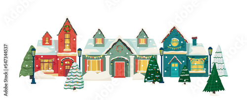 Snowy night in cozy christmas town city panorama. Winter christmas village