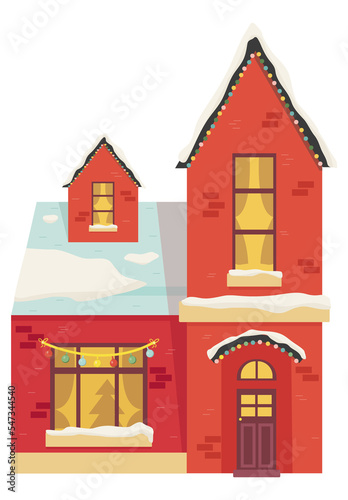 Snowy night in cozy christmas town city panorama. Winter christmas village