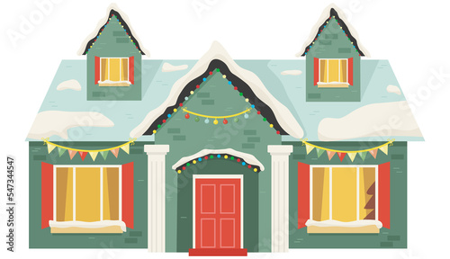 Snowy night in cozy christmas town city panorama. Winter christmas village