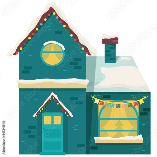 Snowy night in cozy christmas town city panorama. Winter christmas village