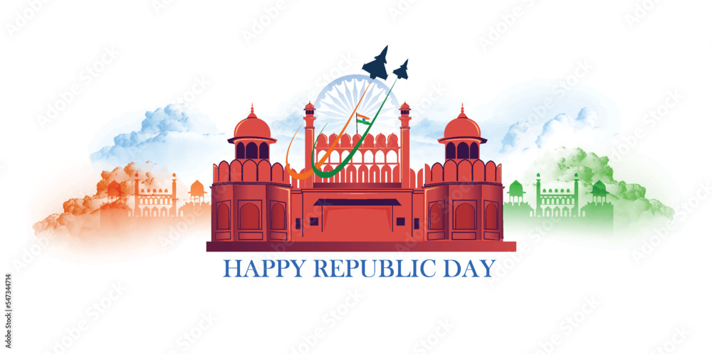 Republic Day celebrations with 26th January India and Ashoka Wheel, try color, Indian flag, Lal Kila