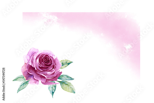 Corner floral frame of purple rose with leaves and lilac fog isolated on white background. Hand drawn watercolor. Copy space.