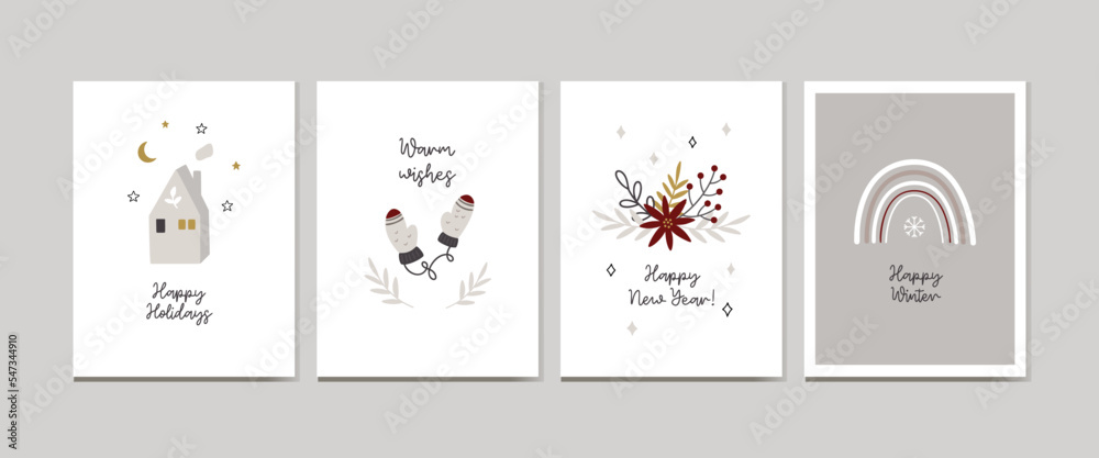 Christmas cards with houses, christmas tree, rainbow, christmas toys and floral elements