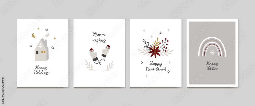 Fototapeta premium Christmas cards with houses, christmas tree, rainbow, christmas toys and floral elements
