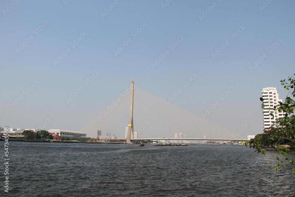 View of Rama VIII bridge over Chao Phraya river in Bangkok, Thailand.
