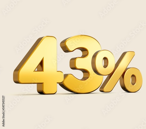 3D illustration of a golden forty-three percent isolated on a beige background with a shadow photo