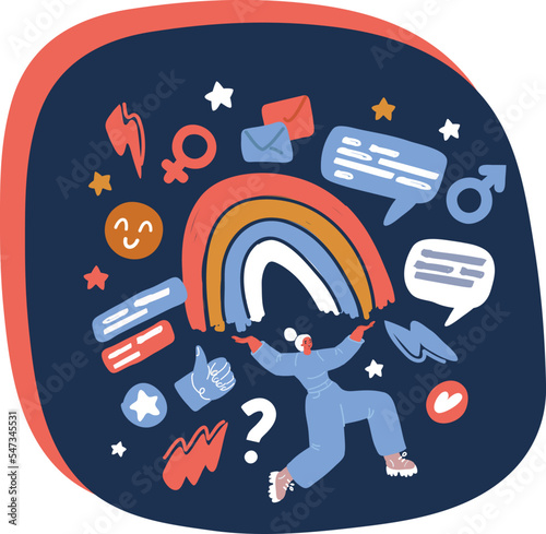 Vector illustration of Happy woman run with the rainbow in her hands. Smiled girl creates good vibe around her. Smiling female character enjoys her freedom and life.