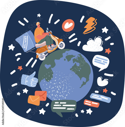 Vector illustration of man riding bicycle. Delivery man riding bike around Earth