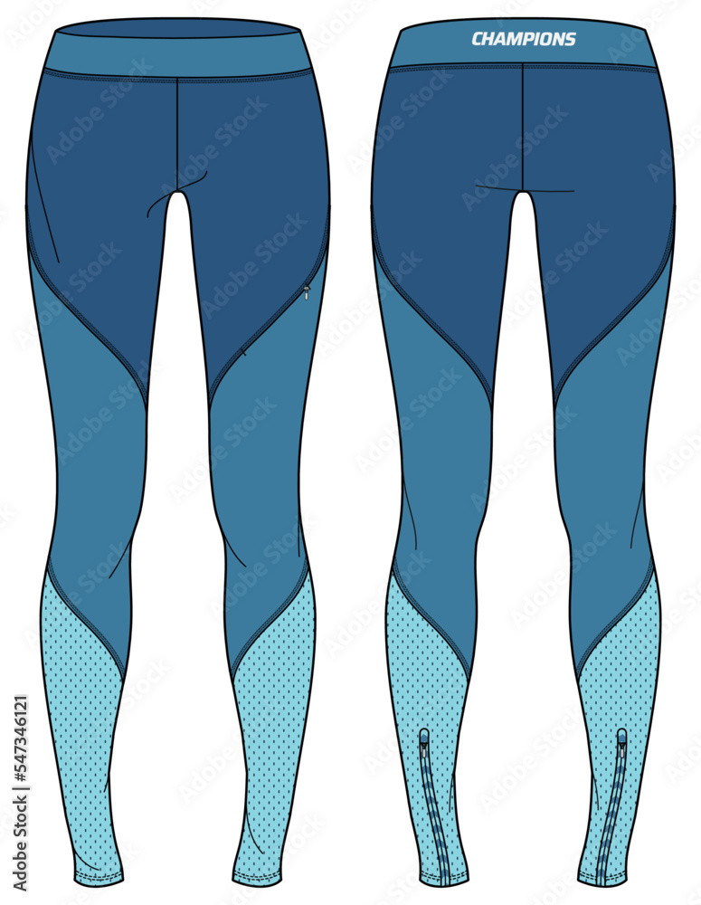 Women Sports running tights leggings Pants design flat sketch vector  illustration, Compression pants concept with front and back view, Tights  for jogging, fitness, and active wear pants design. Stock Vector