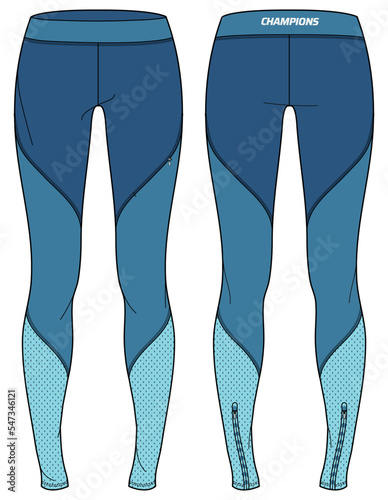 Women Sports running tights leggings Pants design flat sketch vector illustration, Compression pants concept with front and back view, Tights for jogging, fitness, and active wear pants design.