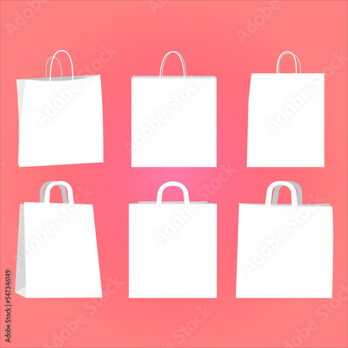Paper bags for shopping, gifts and food bags minimalist design. White kraft paper or cardboard bags with handles. Shopping conceptual trendy vector drawing