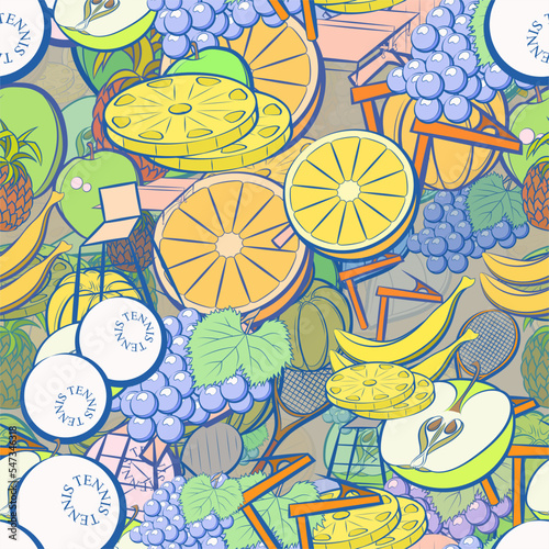 Background pattern abstract design texture. Seamless. Tennis and Fruits. Theme is about branch, half, whole, table, pin, mandarin, lathing, racket, pineapple, inventory, peel, mini-tennis