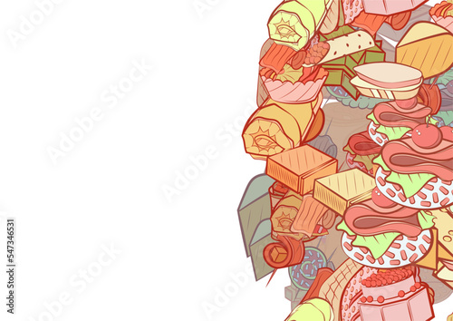 Background pattern abstract design texture. Snacks and Cheeses. Vertical seamless stripe. Border frame, transparent background. Theme is about rice, cherry, marshmallows, loaf, sweetness